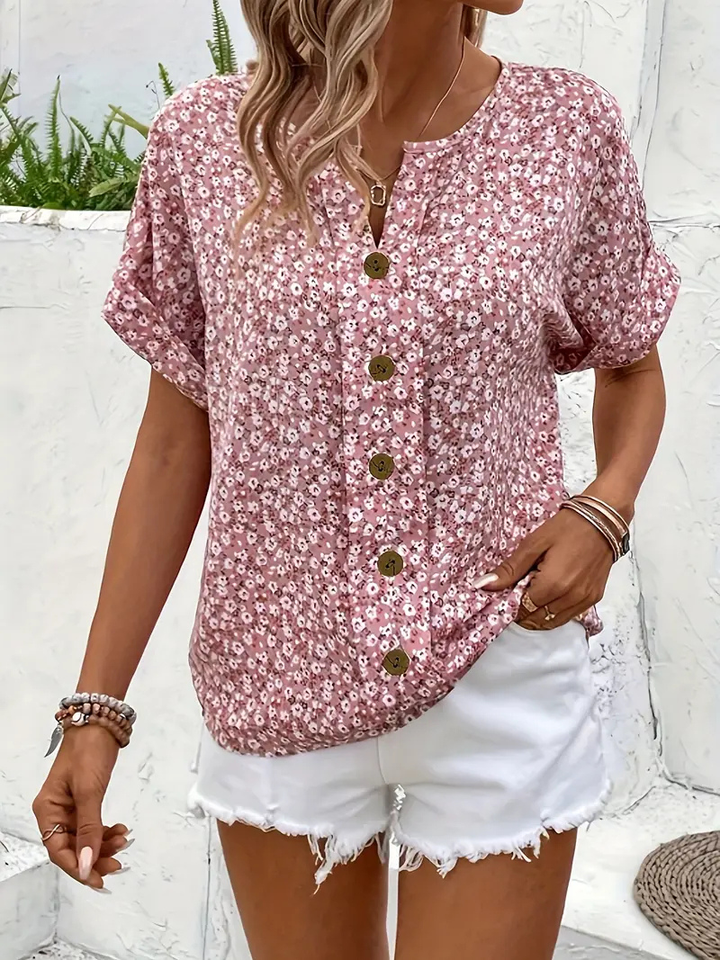 Everyday women's floral button-front blouse, a comfortable short sleeve top for effortless spring and summer style.