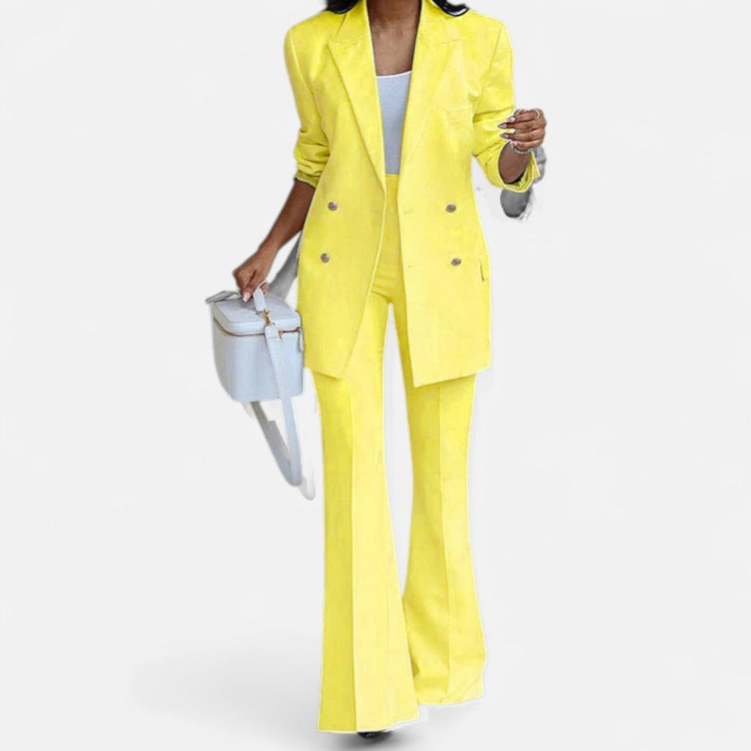 Professional women's two-piece blazer & pants set, featuring a stylish double-breasted design