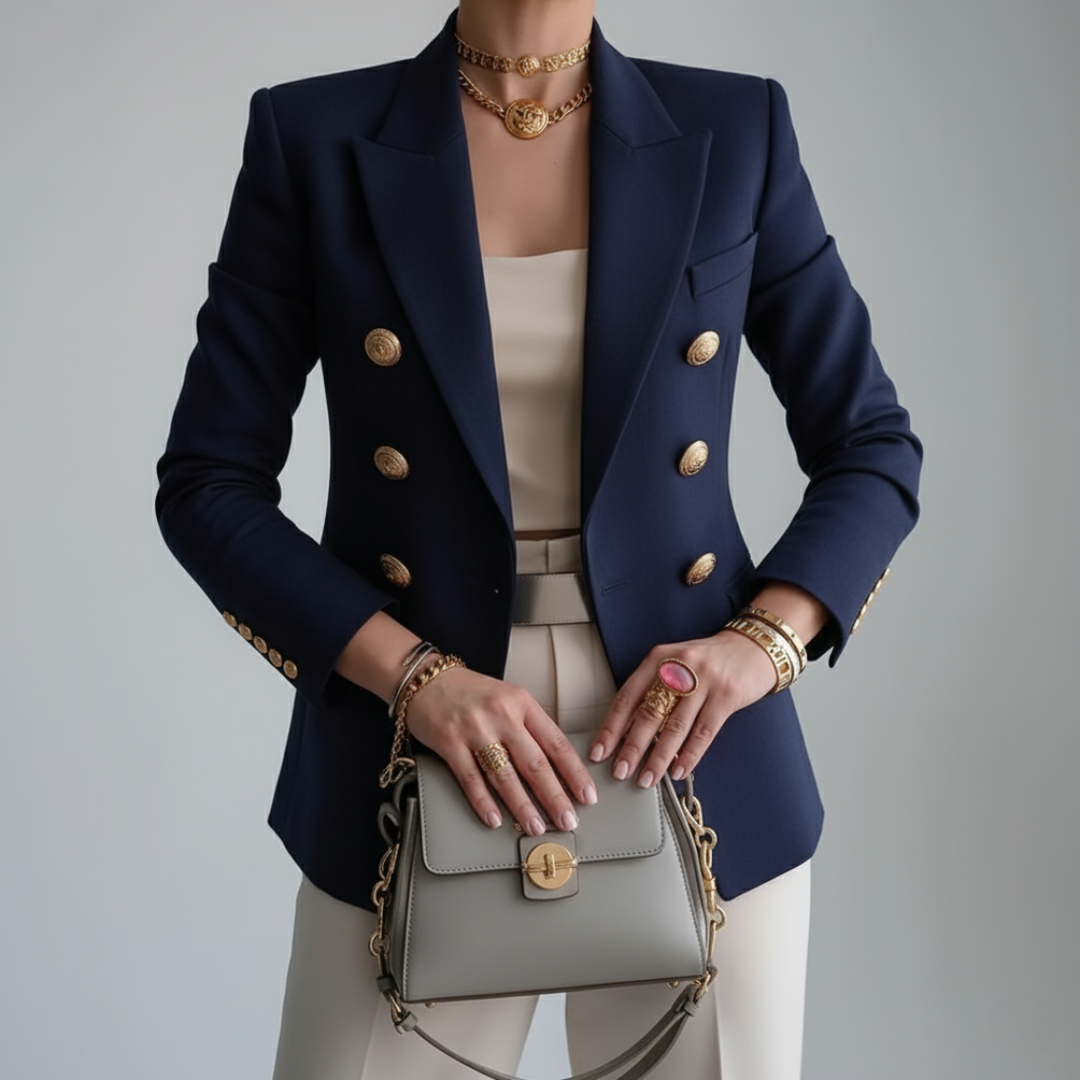 Chic women's tailored double-breasted blazer. Features long sleeves, a notch lapel & sophisticated gold buttons. Business attire.