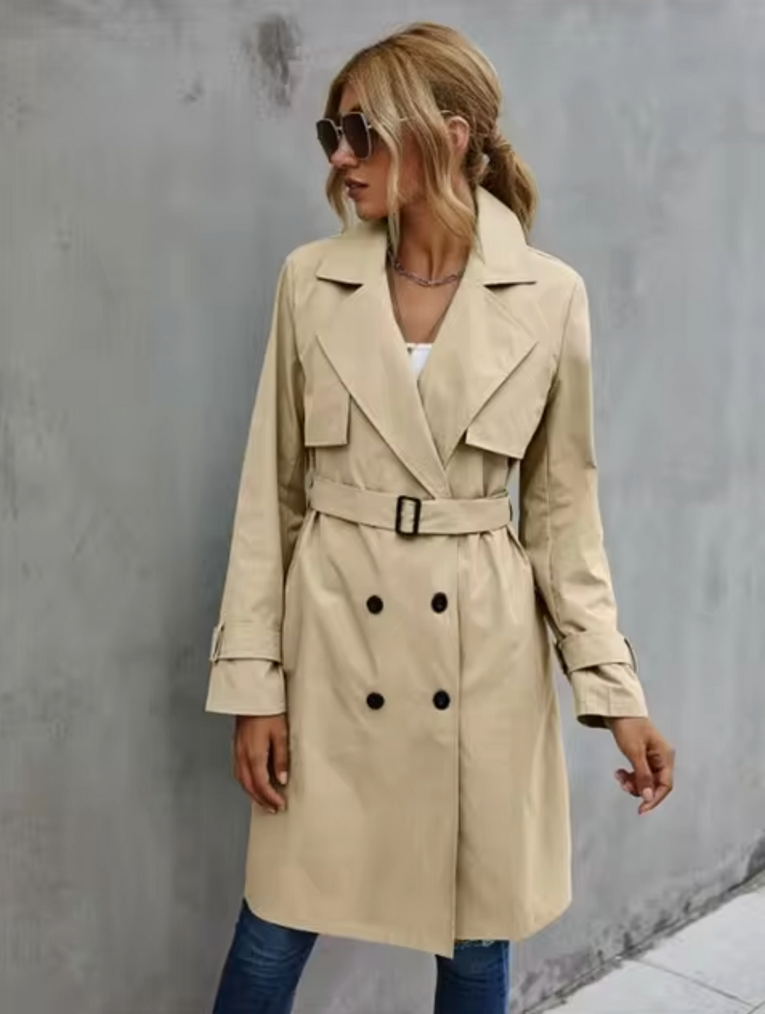 Classic green trench coat for women, double-breasted design with a flattering belted waist