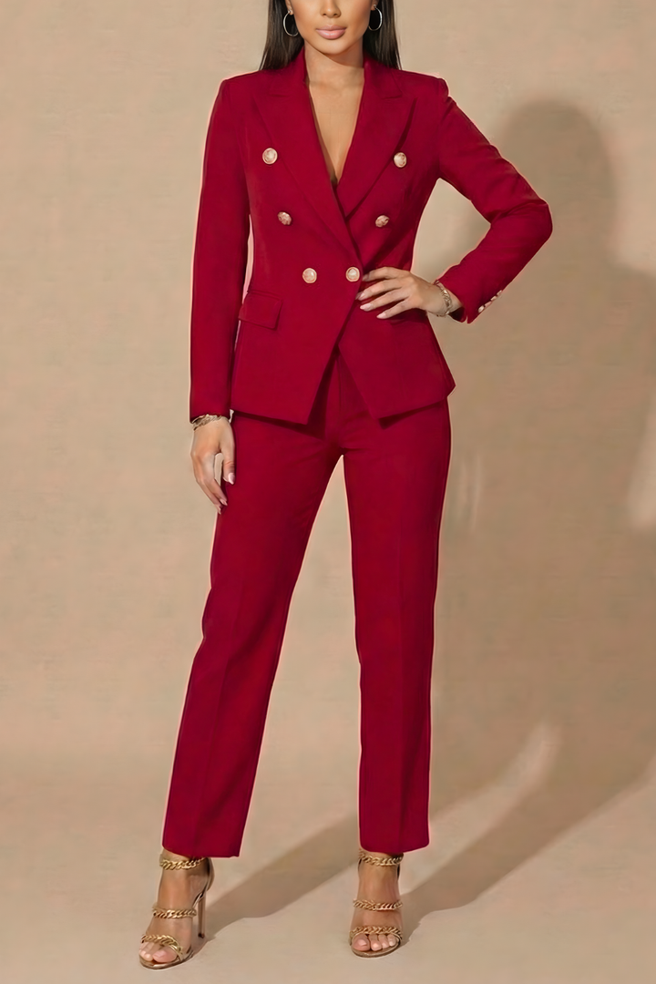 Women's two-piece double-breasted suit set, includes a blazer and tailored trousers for workwear.