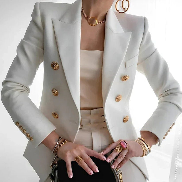 Elegant women's tailored power blazer, structured fit, double-breasted design with chic gold buttons for office.