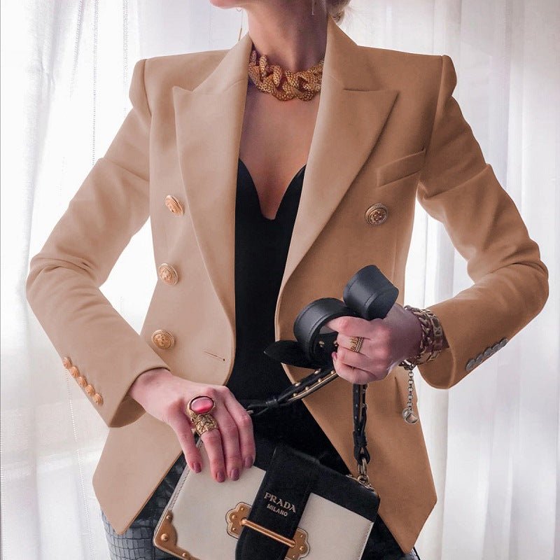 Structured women's double-breasted power blazer, tailored fit, featuring elegant gold buttons for formal attire.