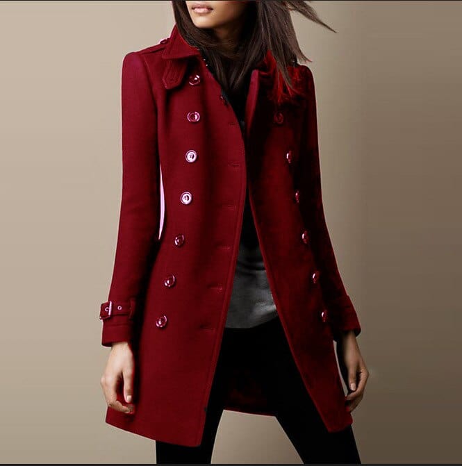 Women's double-breasted tailored long coat with structured collar, ideal for elegant autumn & winter fashion.