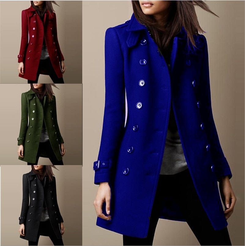 Chic women's tailored long coat, double-breasted for elegant professional wear & sophisticated autumn style.