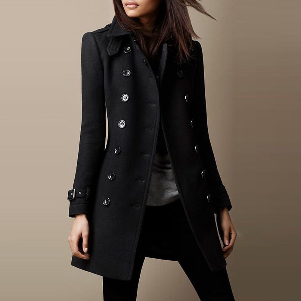 Structured women's long trench coat. Double-breasted tailored design for a professional, elegant silhouette.