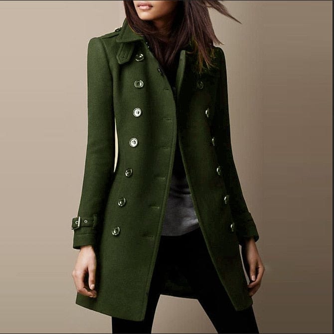 Fashionable women's double-breasted tailored long coat, a chic structured outerwear piece for autumn & winter.