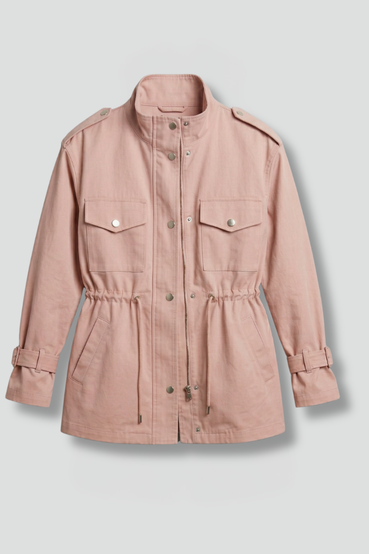 Women's double-breasted utility jacket with belt, tailored for a chic modern look.