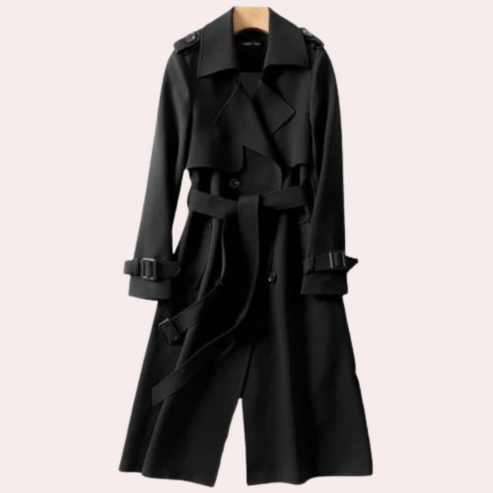 Women's double button tailored long coat, elegant outerwear for fall & winter fashion. Stylish & versatile.