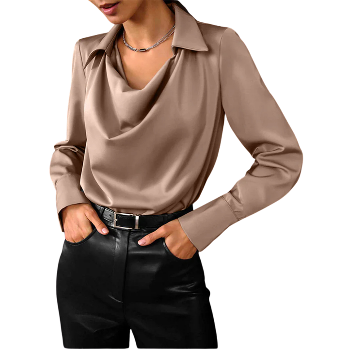 Luxurious gold satin blouse for women, featuring a stylish drape neck and long sleeves.