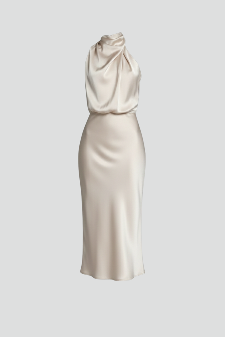 Women's draped high neck sleeveless maxi dress for elegant evening wear.