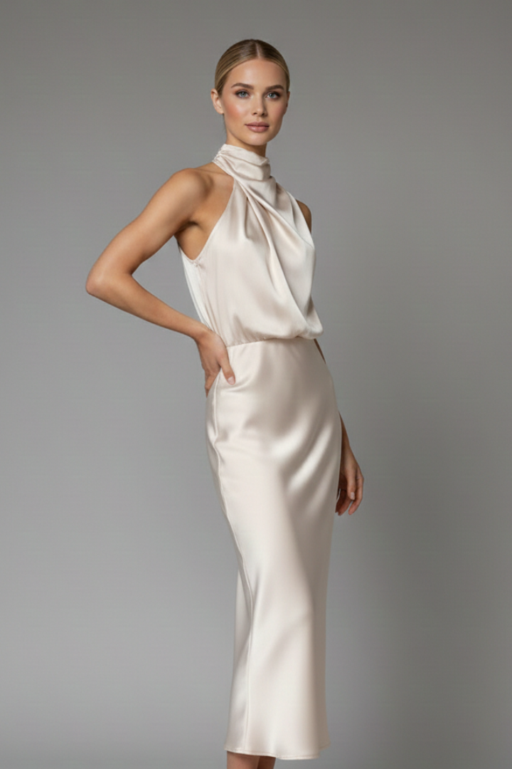 Lightweight draped high neck sleeveless maxi dress, perfect for elegant summer events.