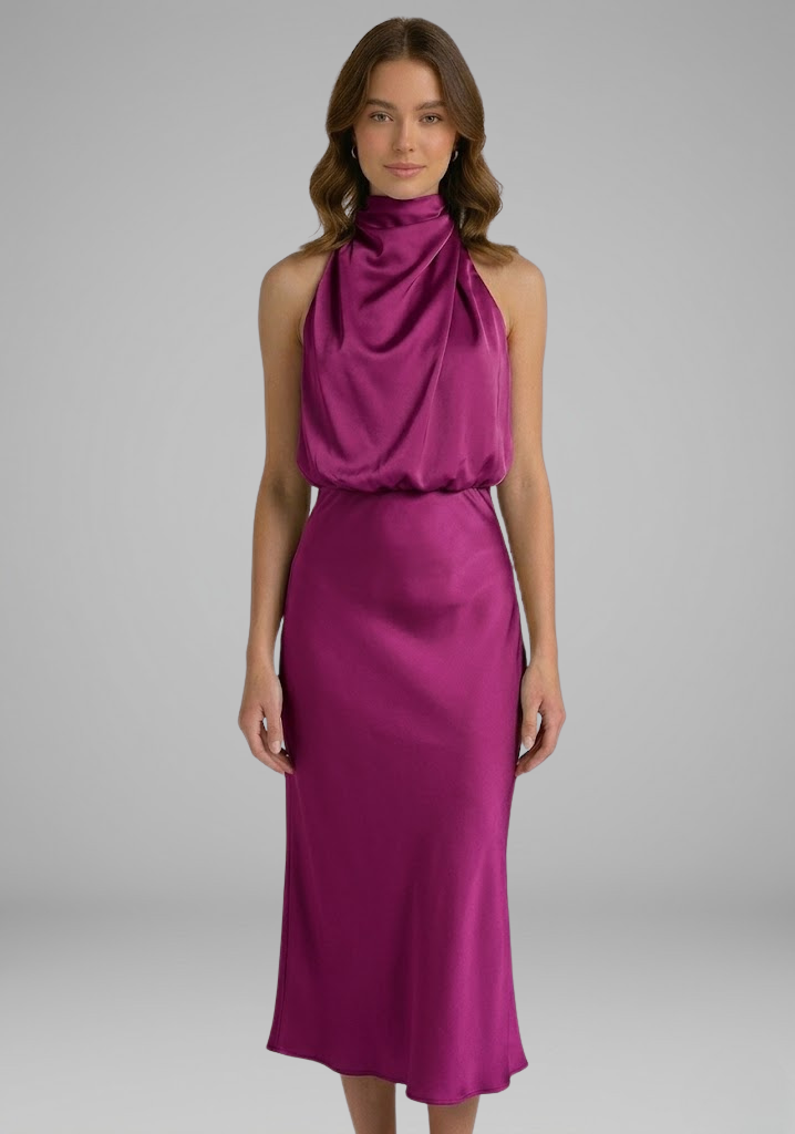 Sophisticated women's draped high neck sleeveless maxi dress, ideal for elegant evening parties.