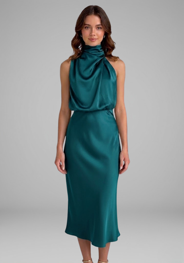 Elegant draped high neck sleeveless maxi dress for women, perfect for formal summer special occasions.