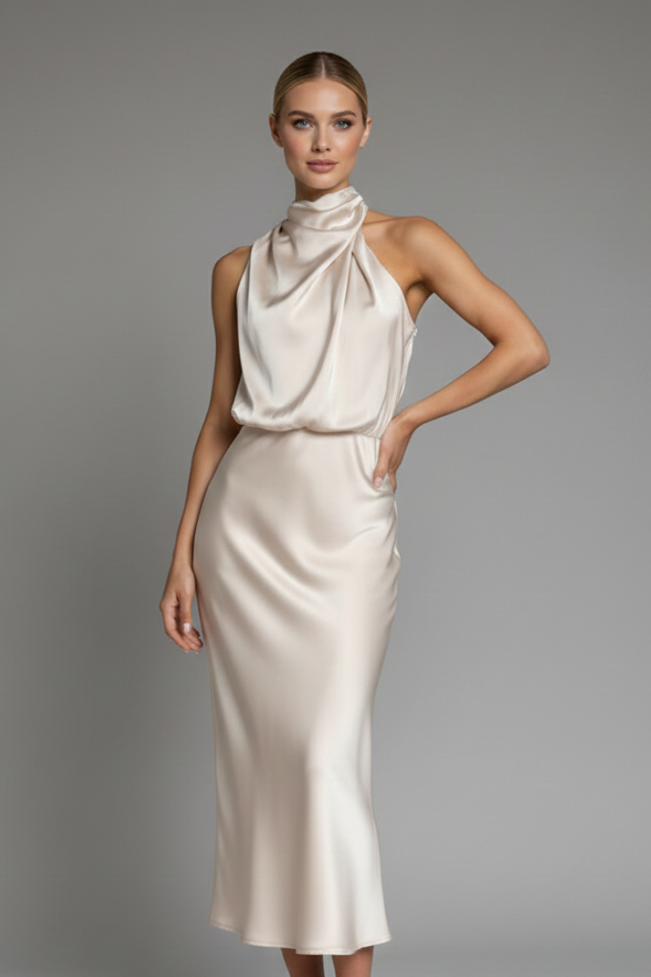 Chic sleeveless high neck maxi dress, perfect for formal events & special occasions.
