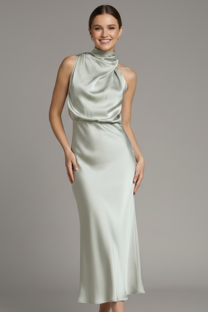 Elegant draped high neck sleeveless maxi dress, a sophisticated long party dress.