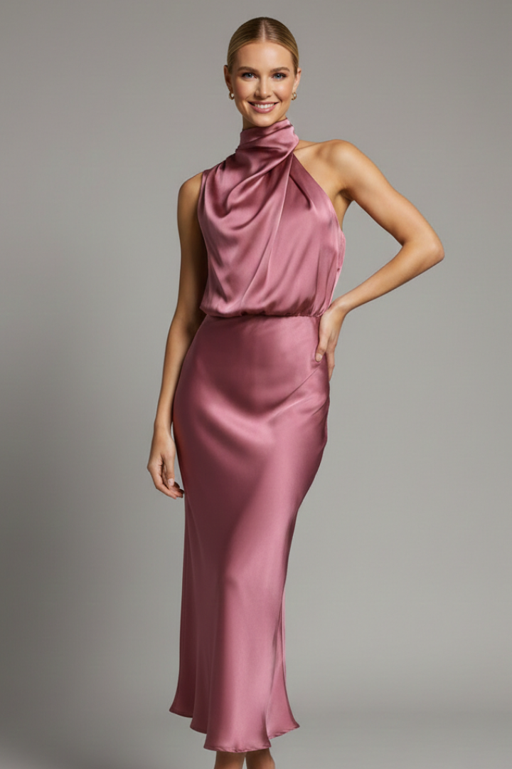 Stylish women's sleeveless maxi dress with a draped high neck, ideal for summer evenings.