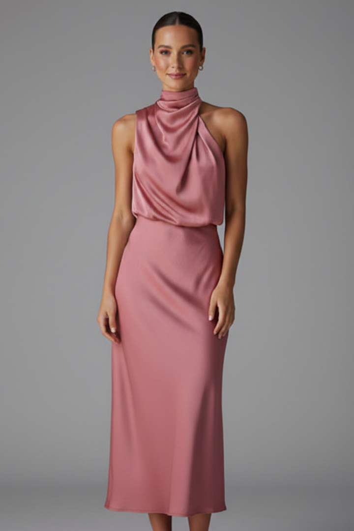 Modest & sophisticated draped high neck sleeveless maxi dress for formal wear.