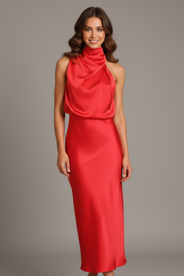 Graceful women's draped high neck sleeveless maxi dress, flowing for evening events.