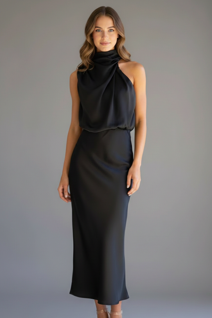 Front view of an elegant women's draped high neck sleeveless maxi dress for evening.