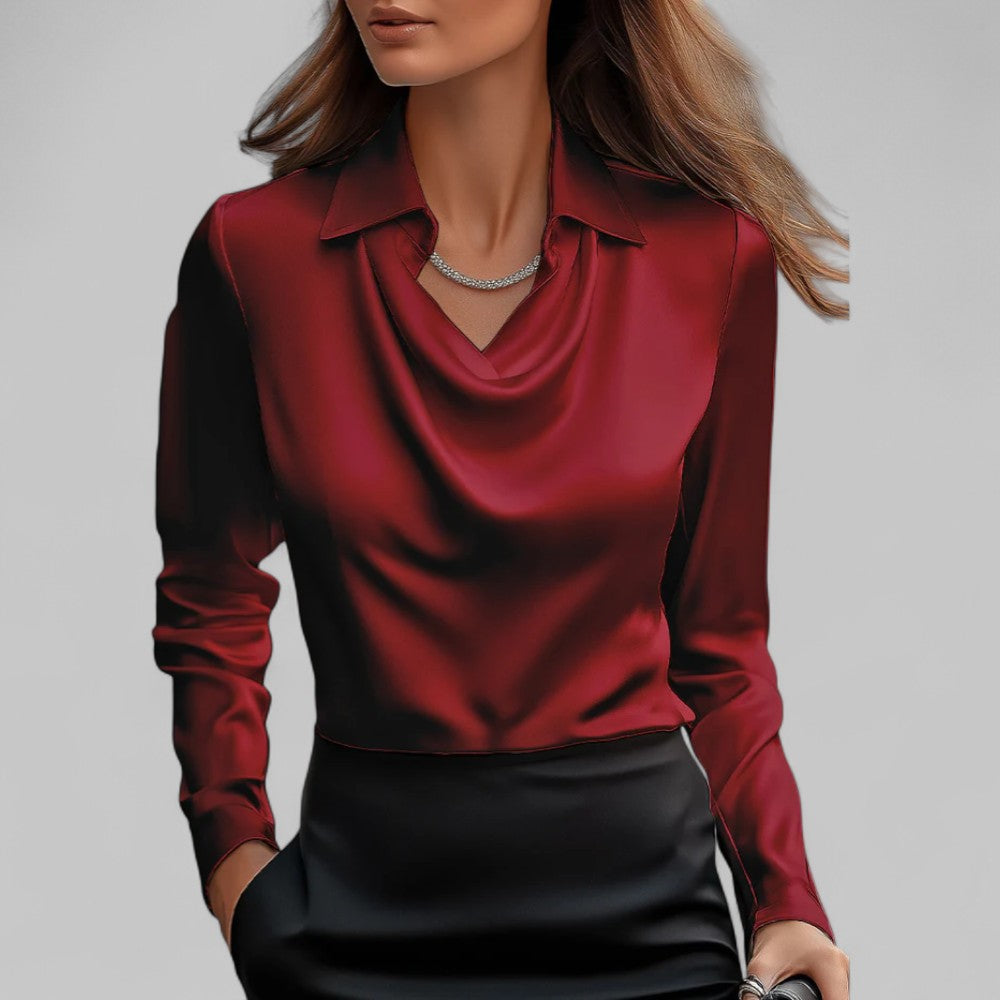Graceful women's blouse, satin material, draped neck, long sleeves, a chic addition to any wardrobe