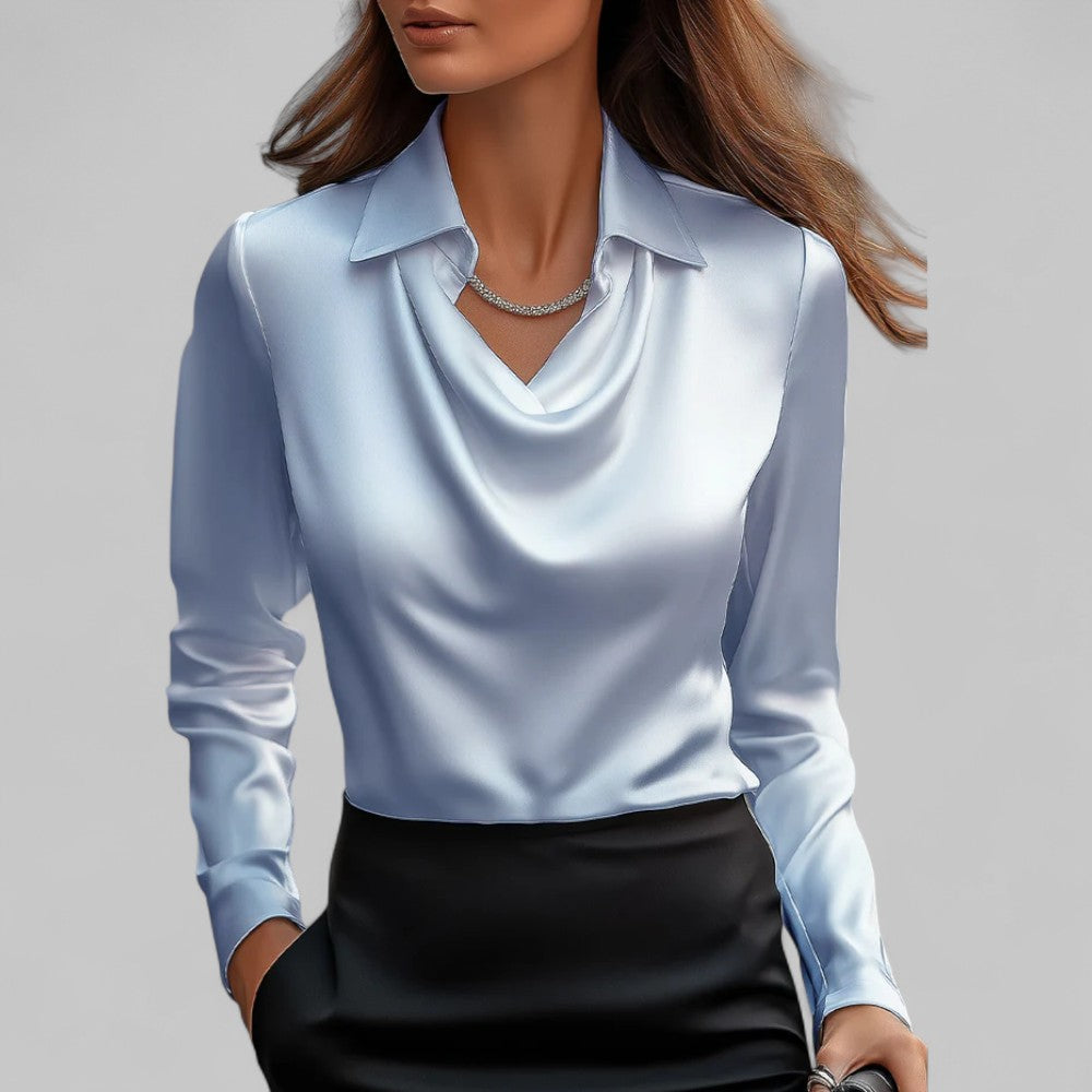 Versatile women's satin blouse featuring a draped neck and long sleeves, suitable for day and night