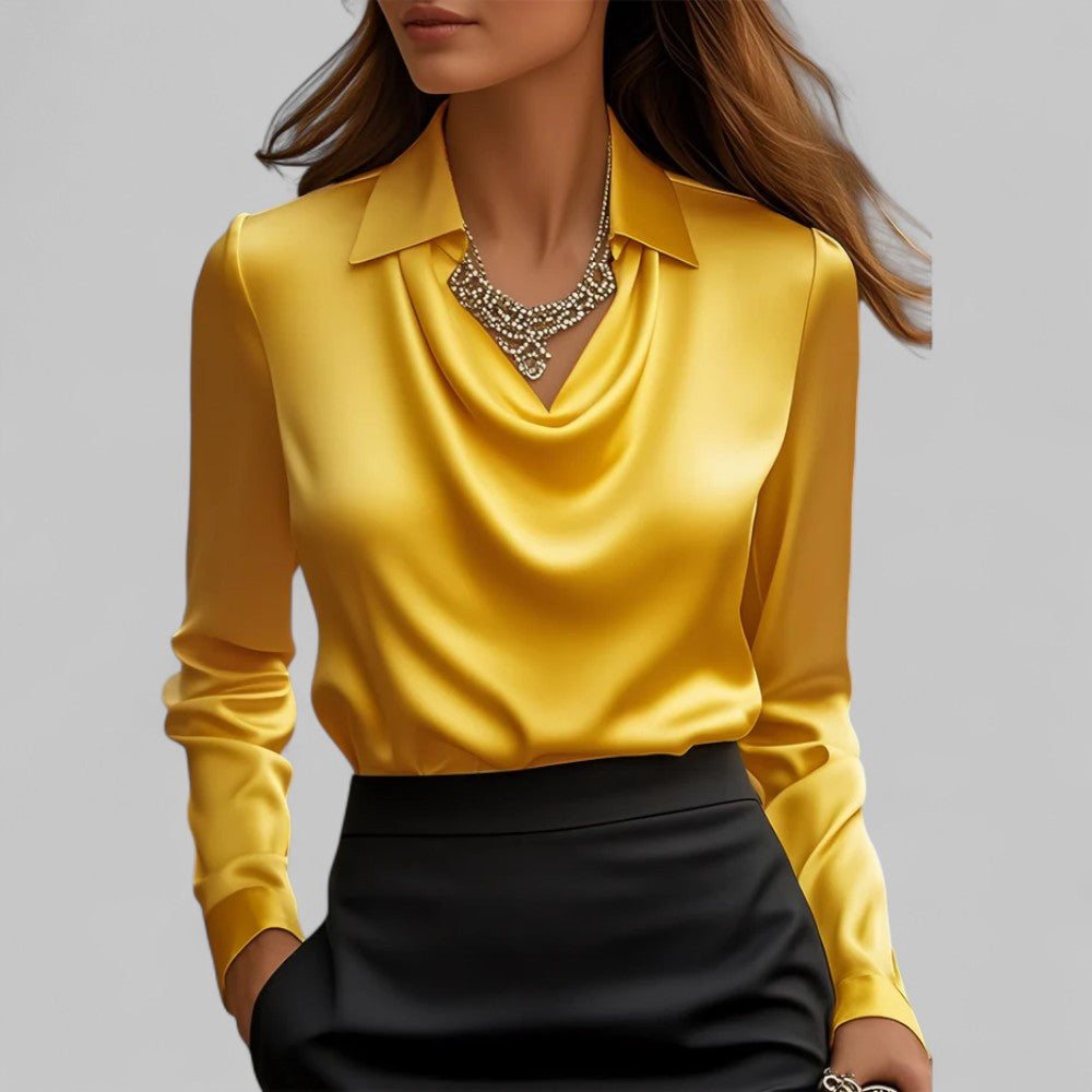 Elegant women's long sleeve satin top with beautiful draped neck detailing, great for formal events