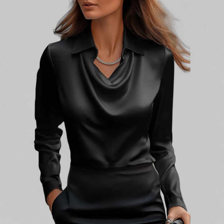 Modern women's satin blouse with a sophisticated draped neck and long sleeves, a fashion essential