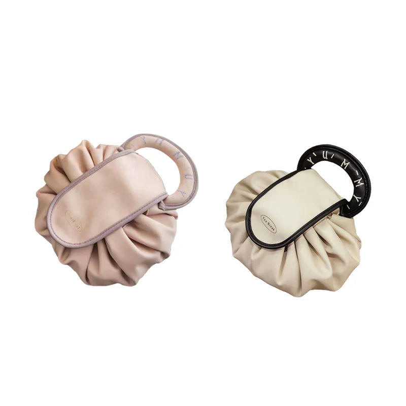 Stack of folded women's drawstring cosmetic bags in different colors, for gifting