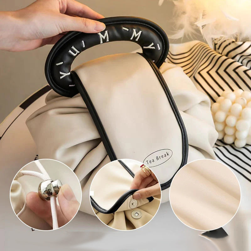 Portable women's drawstring travel pouch with makeup, easy to carry design