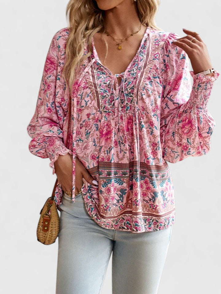 Women's dreamy floral long sleeve boho peasant top, perfect for summer casual wear.