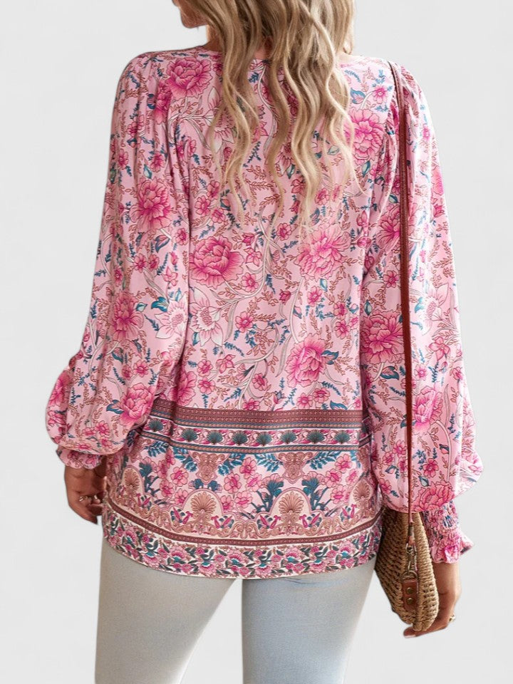 Boho peasant top for women, with long sleeves and a feminine dreamy floral design.