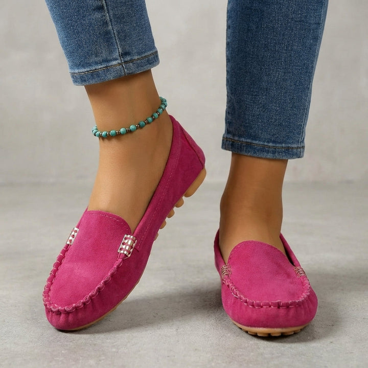 Stylish women's loafers, comfortable orthopedic driving moccasins with chic metallic detail.