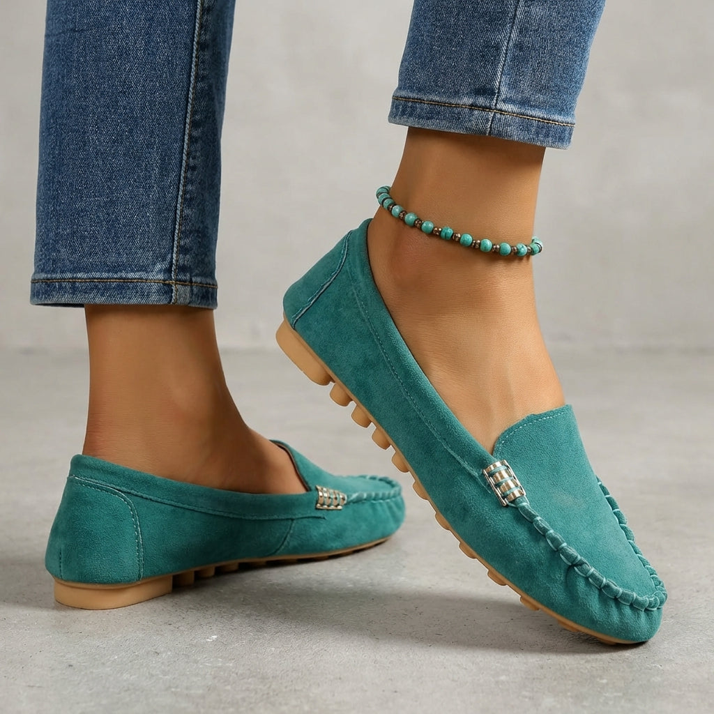 Orthopedic women's driving shoes, comfortable moccasin loafers with a modern metallic detail.