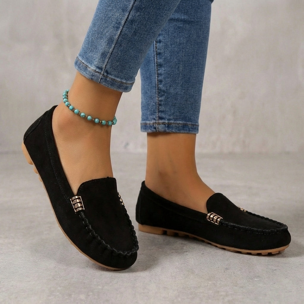 Comfortable women's loafers: slip-on driving moccasins with a supportive orthopedic sole & metallic embellishment.