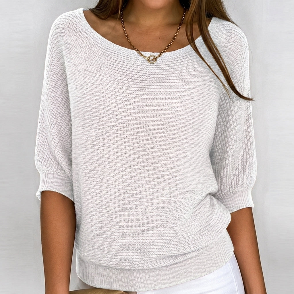 Close-up of a women's pullover knit sweater. Shows soft texture, 3/4 sleeves, and relaxed, comfortable design.