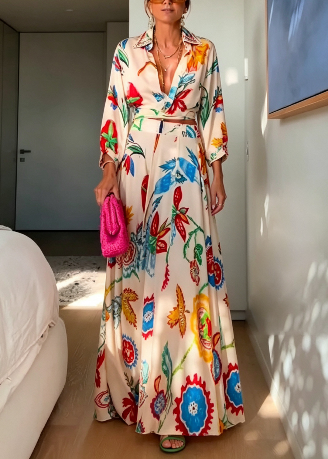Boho chic women's beige floral two-piece set with a stylish tie-front shirt and a comfortable maxi skirt.