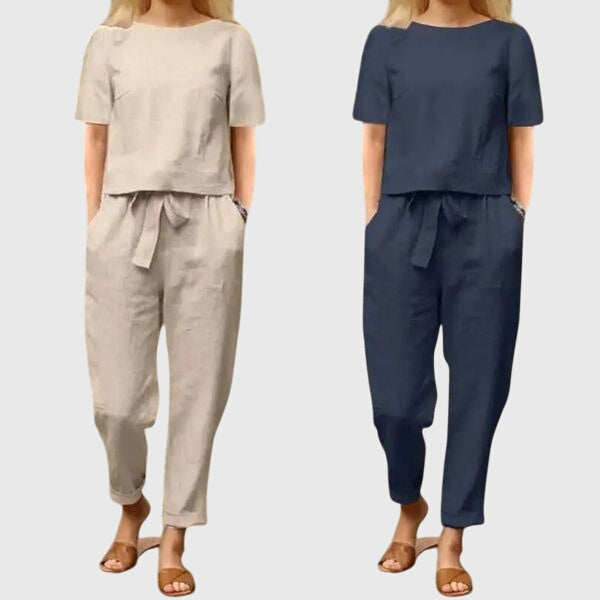 Relaxed fit women's two-piece set: chic belted crop top & matching comfortable trousers for spring/summer.