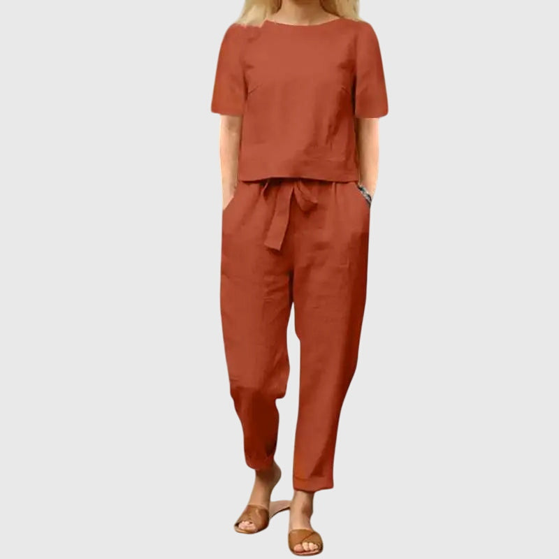 Casual yet chic women's belted crop top & trouser matching set, versatile for spring and summer outfits.