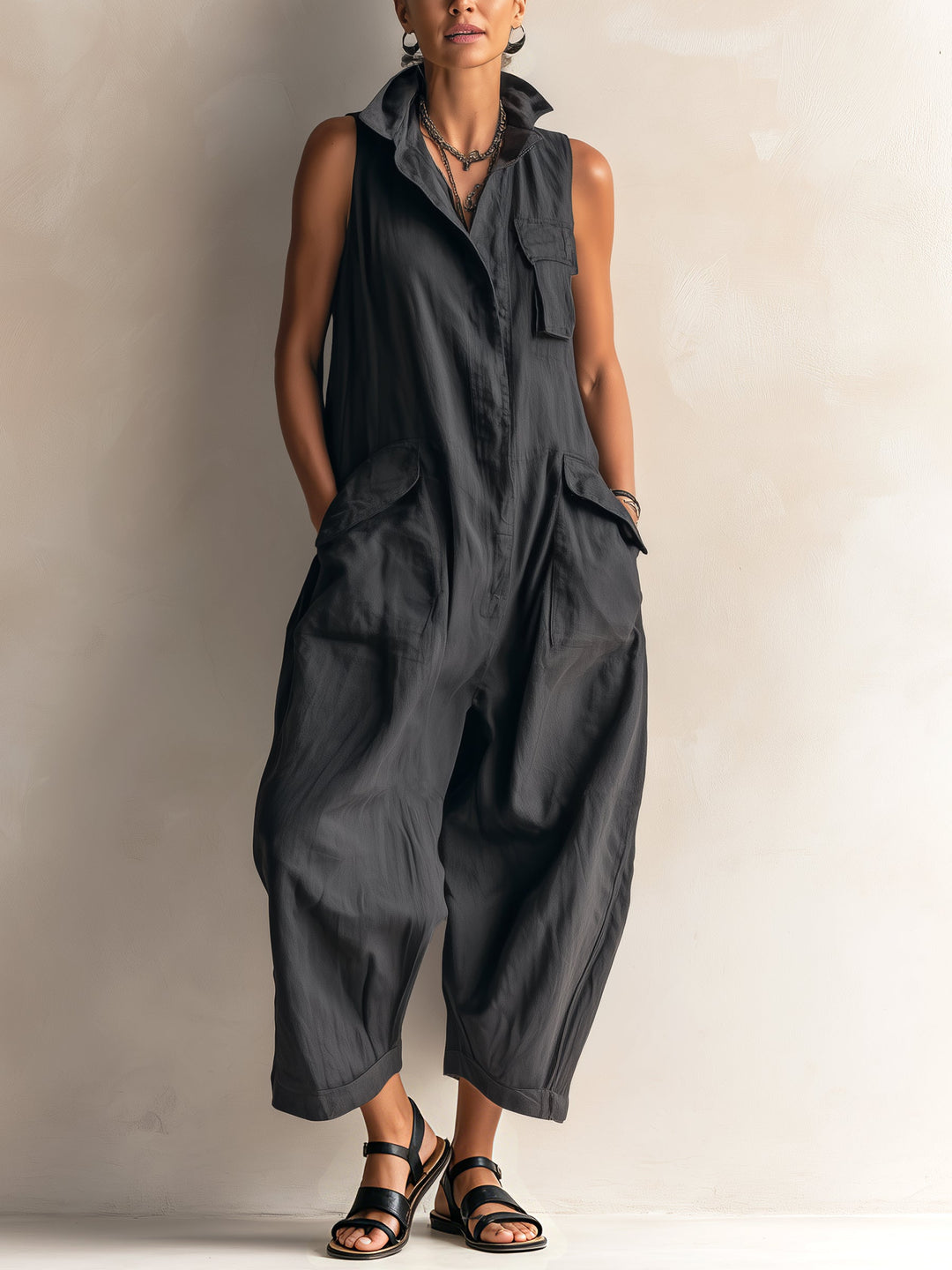 Women's Effortless Black Collared Sleeveless Wide Leg Jumpsuit, perfect for stylish spring/summer wear.