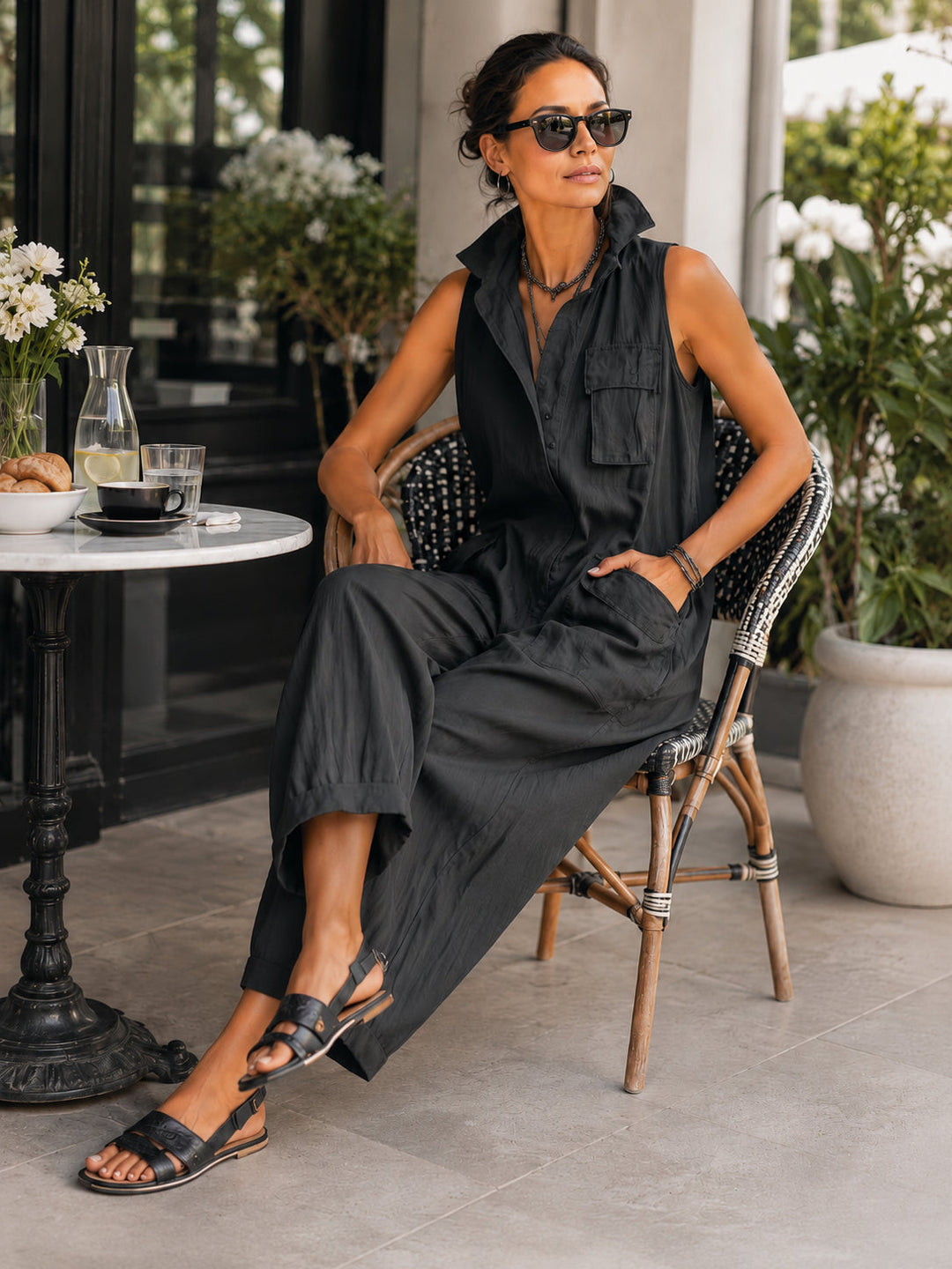 Stylish black wide leg jumpsuit for women with a classic collar and sleeveless cut, ideal for casual elegance.