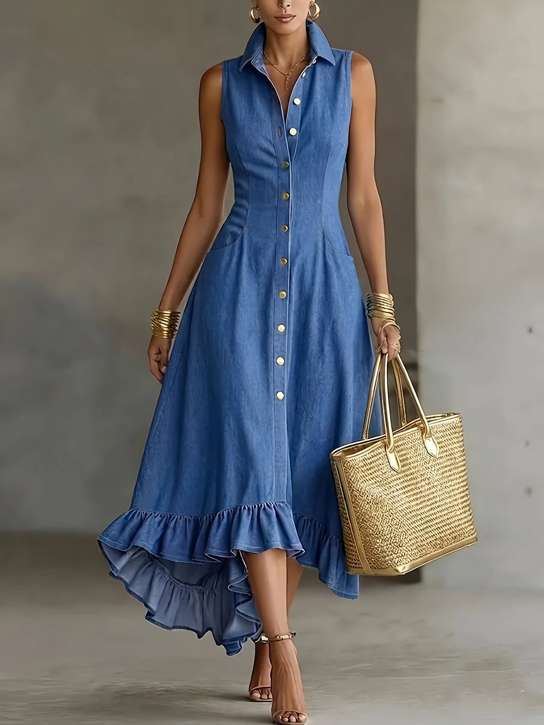 Women's effortless blue sleeveless high-low ruffle dress with button front, perfect for summer casual wear.