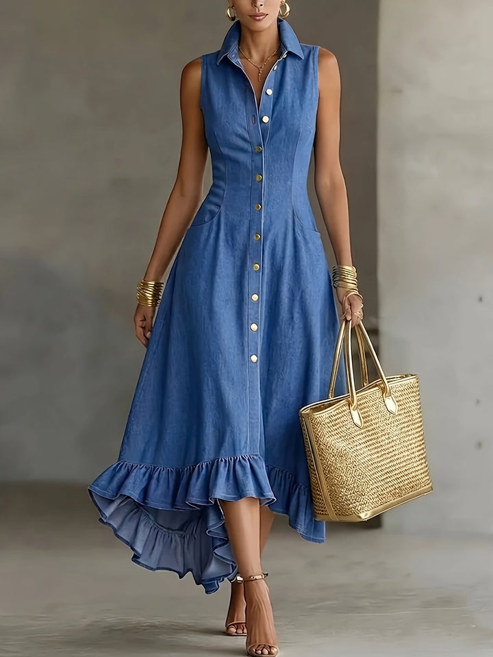 Women's effortless blue sleeveless high-low ruffle dress with button front, perfect for summer casual wear.