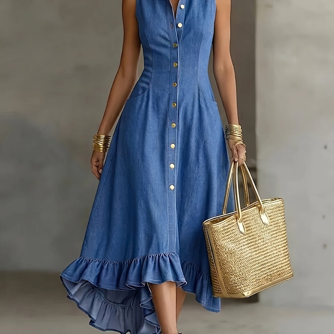 Chic women's blue sleeveless ruffle dress with a trendy high-low hem. Perfect casual summer day fashion.