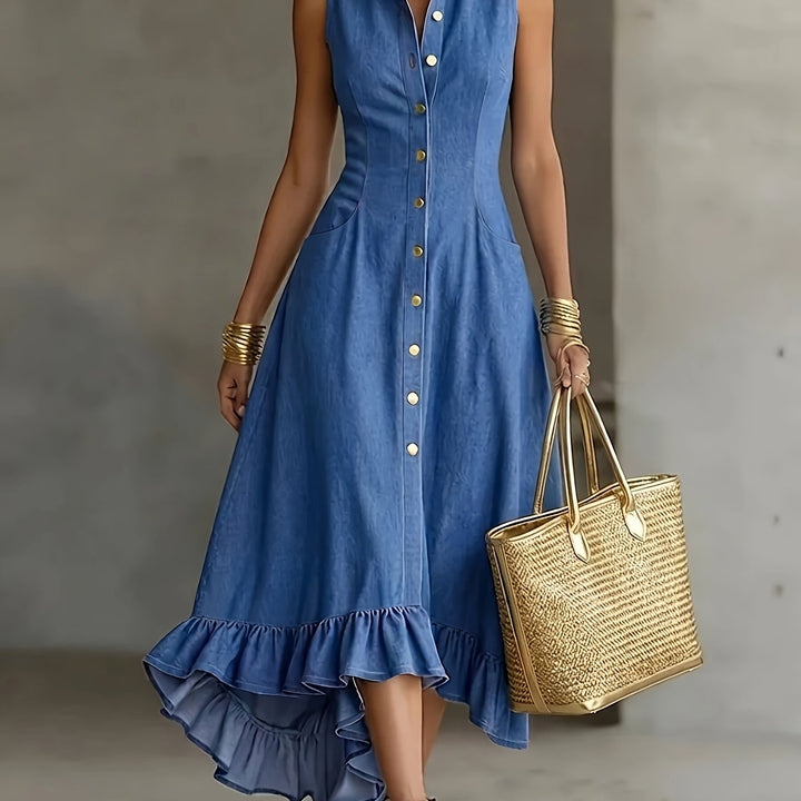 Chic women's blue sleeveless ruffle dress with a trendy high-low hem. Perfect casual summer day fashion.
