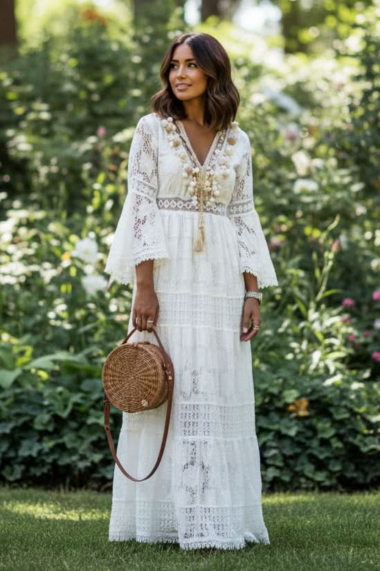 Women's effortless boho V-neck maxi dress, perfect for summer casual wear or vacation resort style.