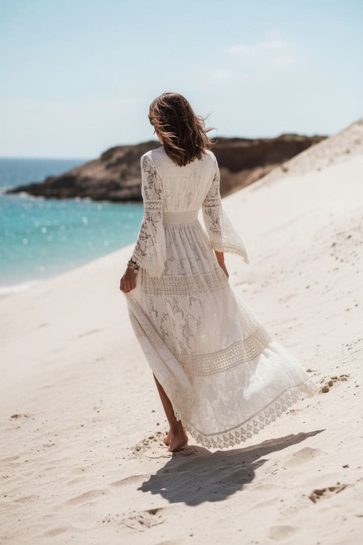 Elegant V-neck women's maxi dress in effortless boho style, a comfortable long summer dress for any casual occasion.