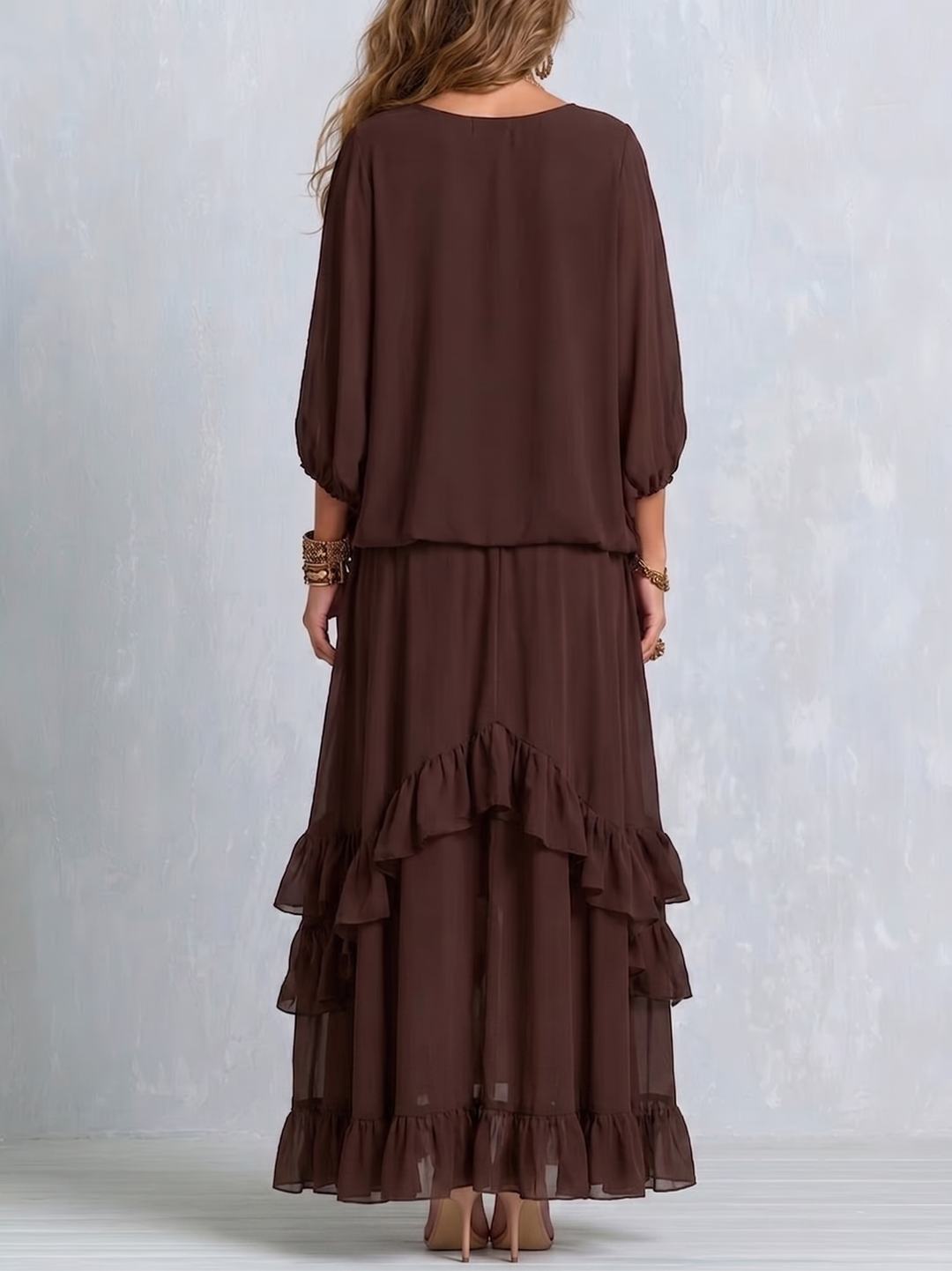 Elegant women's boho chic brown wrap maxi dress, featuring a flattering V-neck and tiered ruffle hem, versatile style.