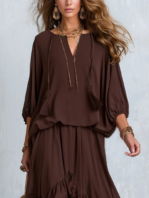 Stylish brown long-sleeve V-neck wrap maxi dress for women, with a chic ruffle hem. Perfect for fall occasions.
