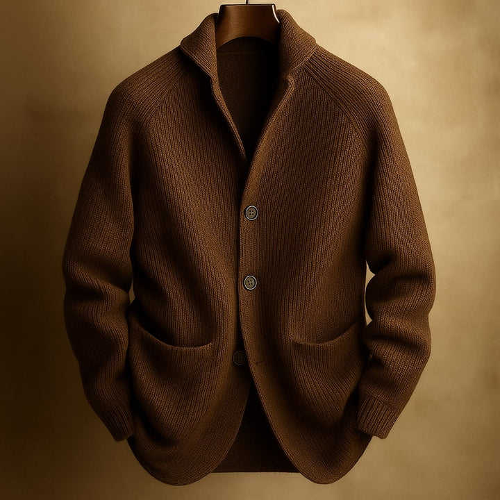 Soft, chunky knit fabric of a women's long-sleeve button-front sweater, ideal for cozy winter wear.